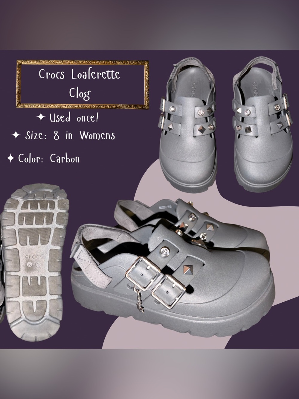 CROCS Loafrette Clog in Carbon Gray with Studded Buckles